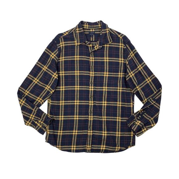 J Crew Shirt Mens Large Navy Daffodil Plaid Flannel Cotton Button Up Long Sleeve - Picture 1 of 9